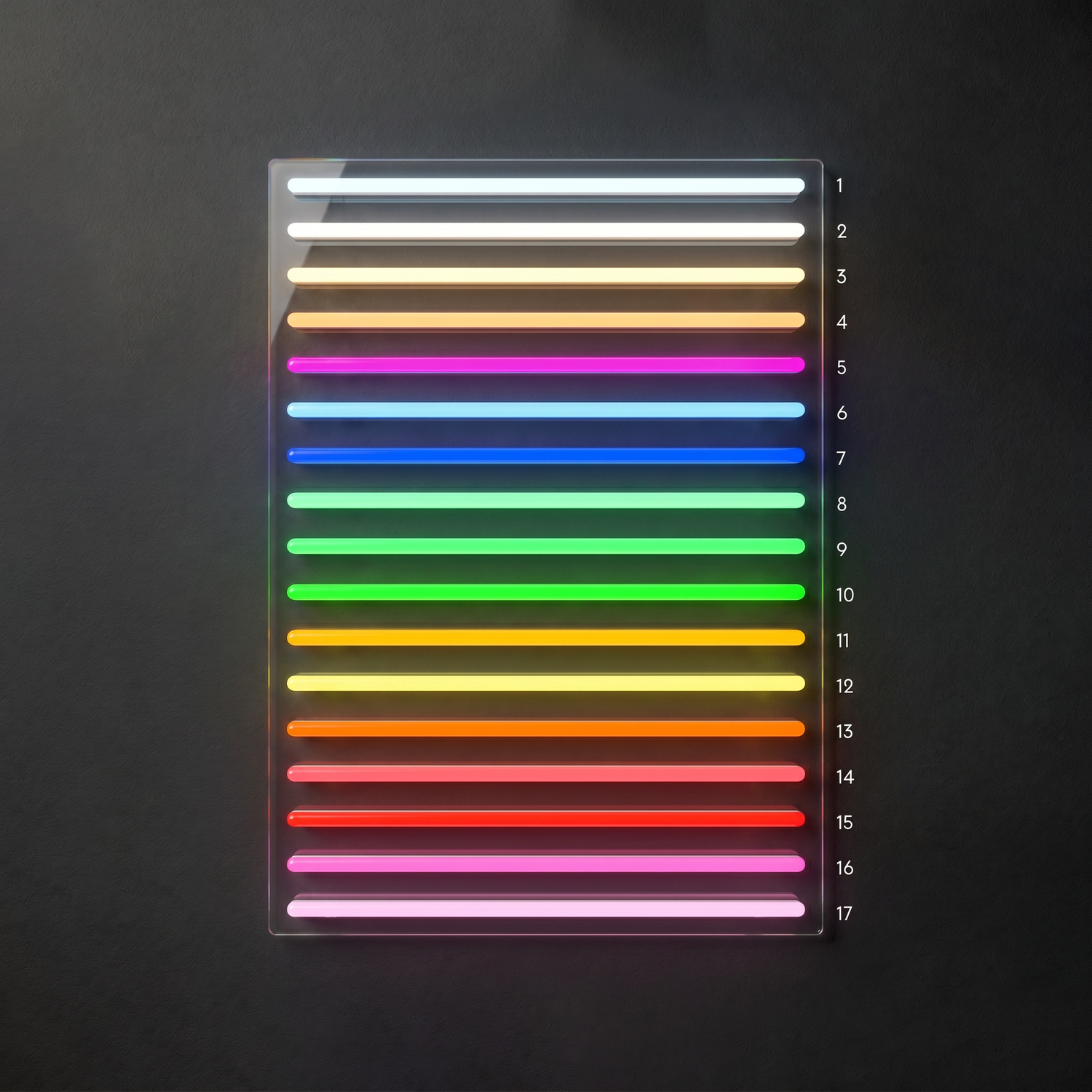 Färgkarta med Sthlm Neons 17 LED-neonfärger